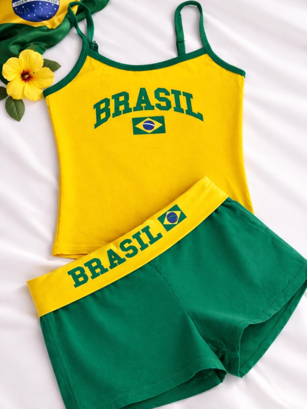 Edikted Yellow BRASIL Tank Top with Green Shorts Set FIFA WORLD CUP